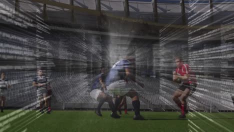 animation of data processing over rugby players at stadium