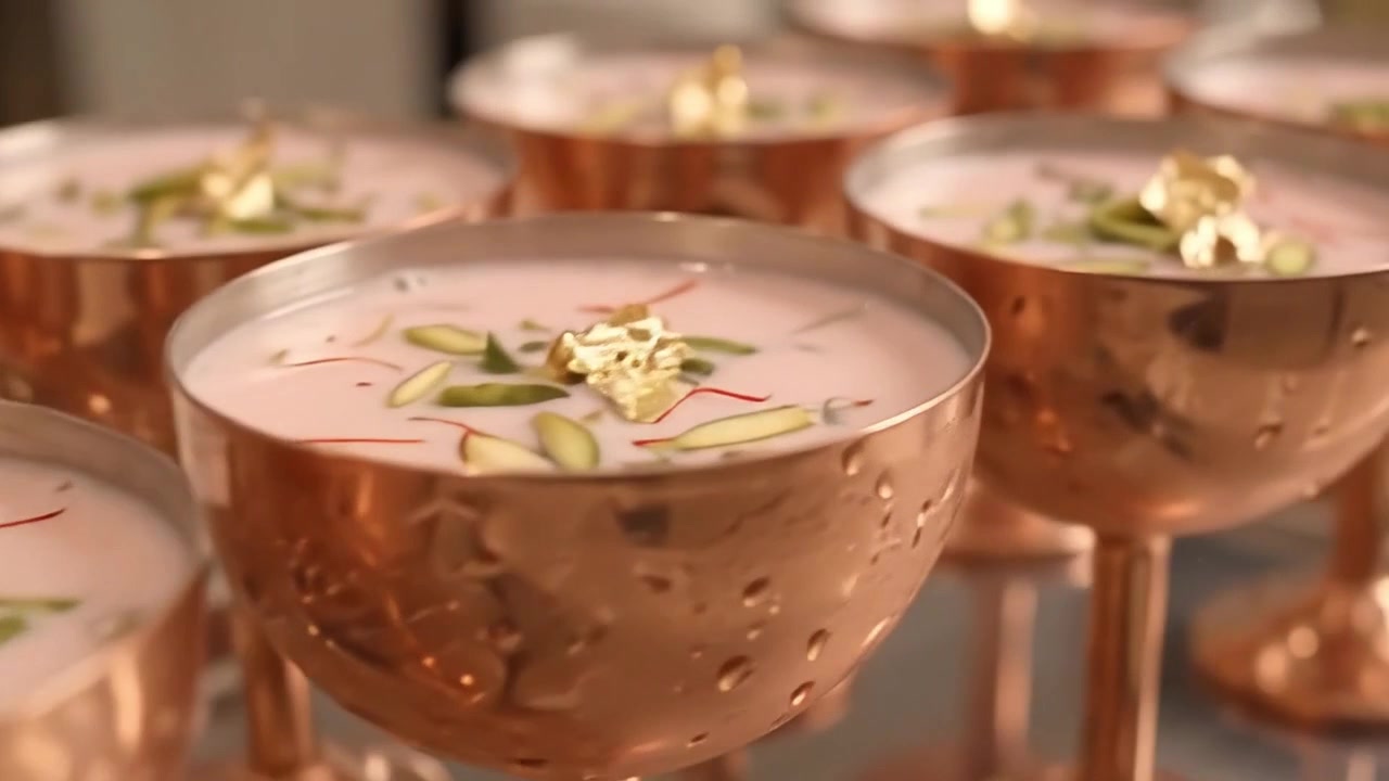 Afkølet rosenmælksdessert serveret i elegante kobberbægre