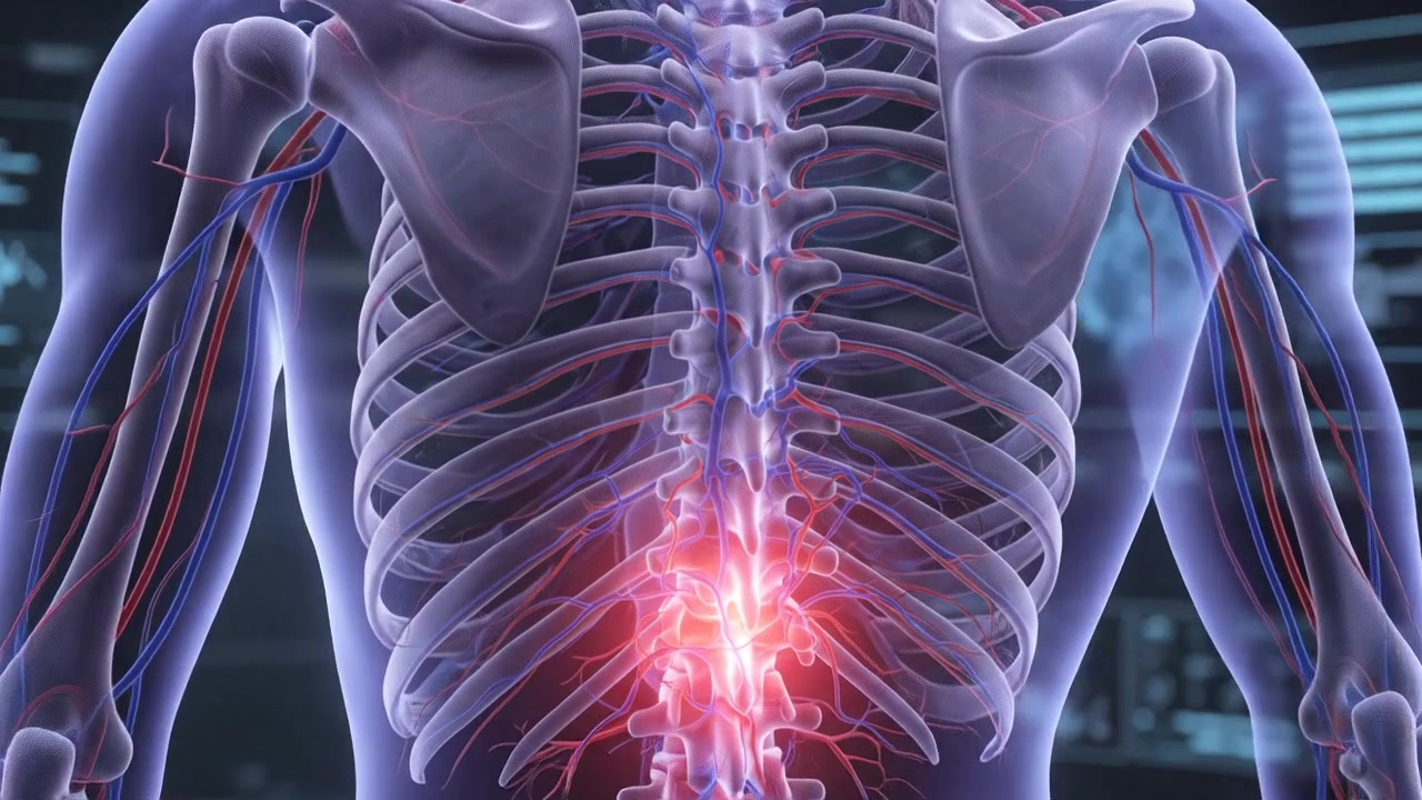 3D medicinsk animation af menneskets rygsøjle der viser lændesmerter