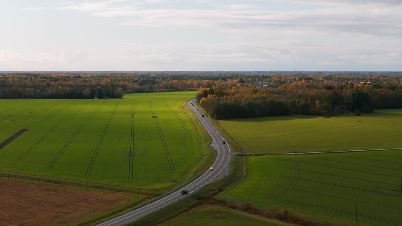 Aerial View of a Country Road in Autumn