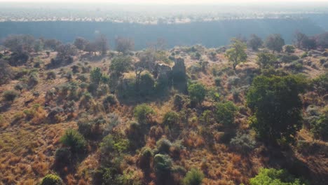 Toma-Aérea-De-Un-Antiguo-Fuerte-Abandonado-En-Un-Bosque-De-Pahargarh,-Morena,-India