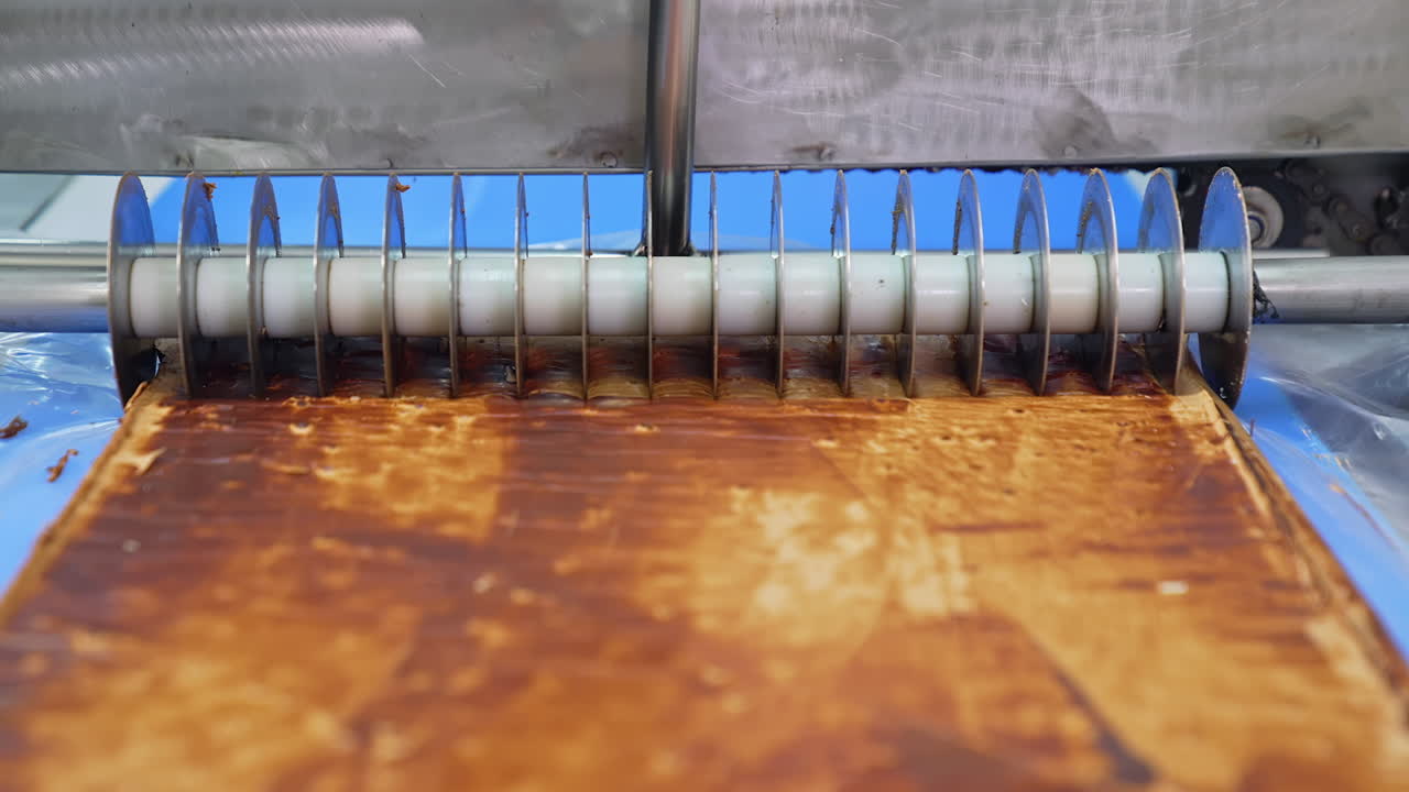 Candy bulk being cut with an automatic cutter machine. Slicing pieces of sweet layer on the conveyor transportation machine. Round rollers cutting close up.