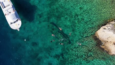 aerial top down descends on tour boat near a shipwreck with snorkelers exploring below in the crystal-clear waters of the caribbean