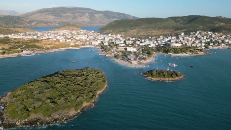 high angle drone dolley shot over the albanian riviera on a sunny day