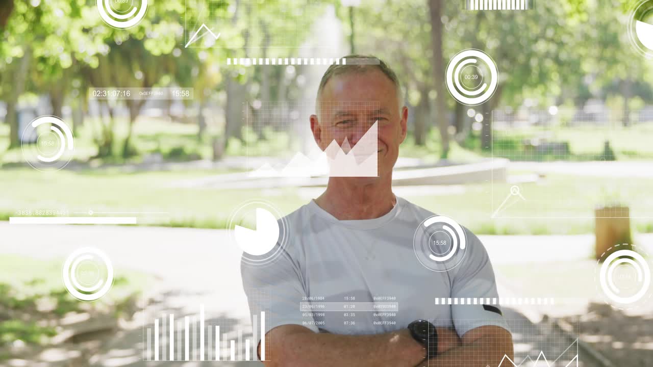 Senior man walking path, stopping and tapping wrist device, activating HUD charts for fitness check