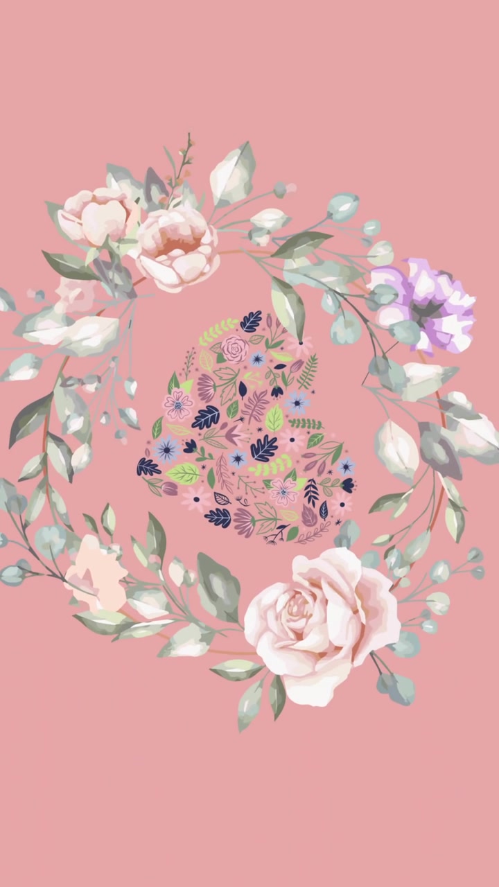 Animazione di una ghirlanda floreale tenue e una forma di cuore di fiori che ruotano al centro su sfondo rosa.