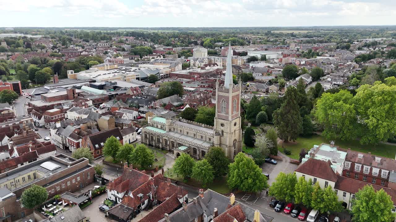 Aerial view of a church in a town
