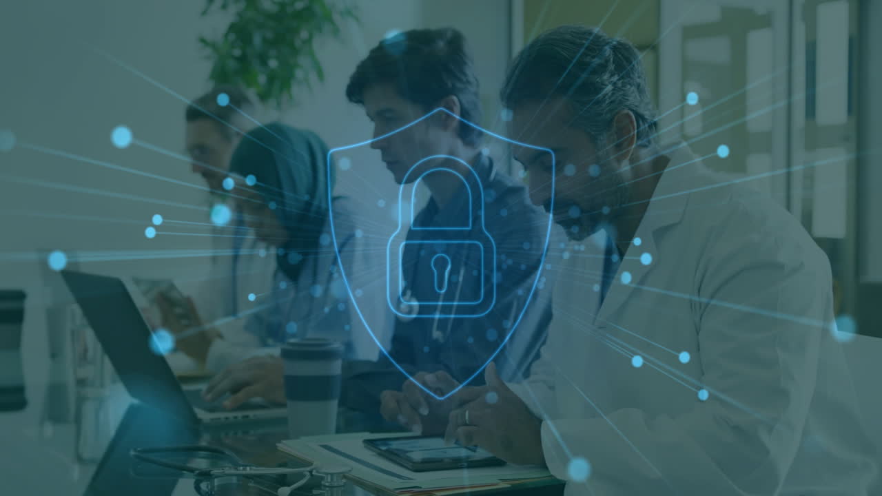Security lock animation over diverse professionals working on laptops and tablets