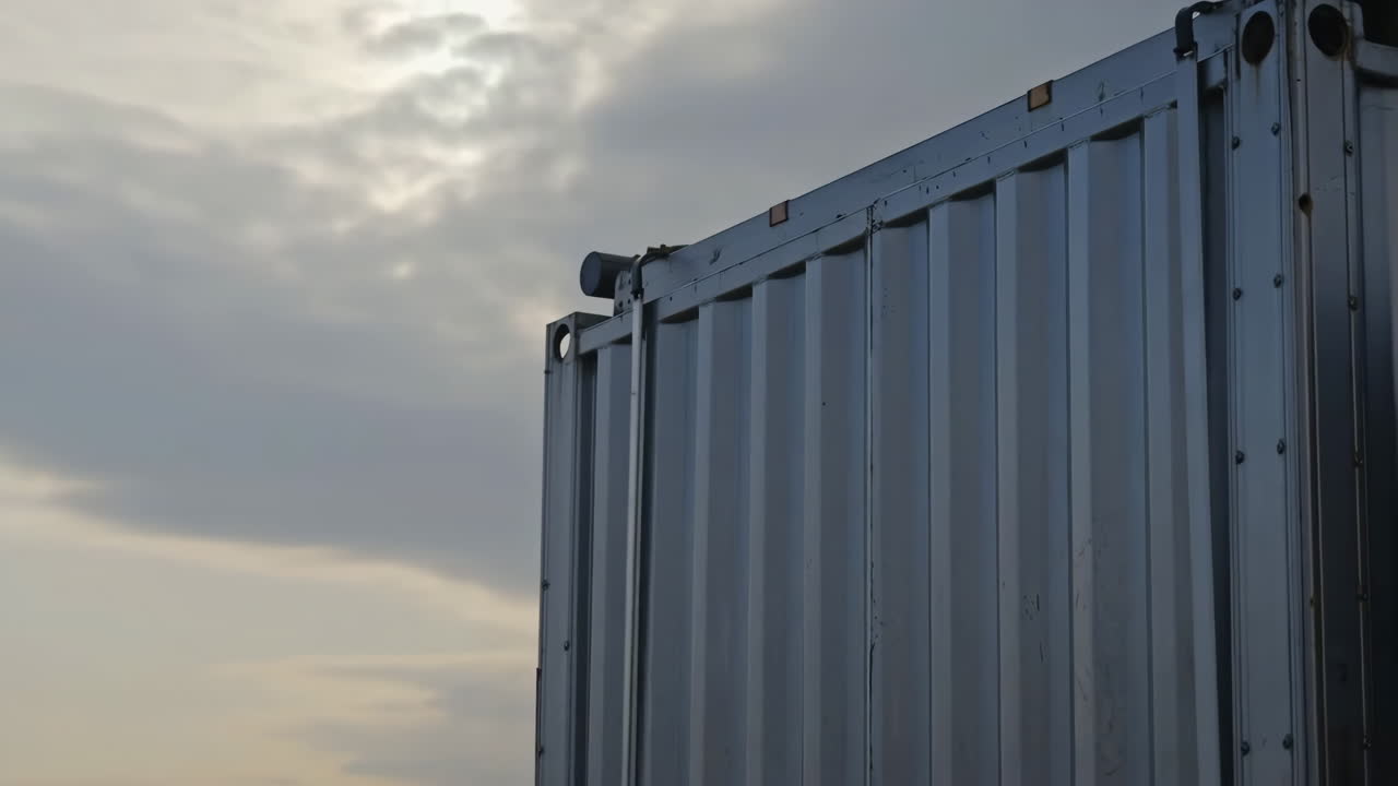Côté d'un conteneur métallique sur fond de ciel nuageux