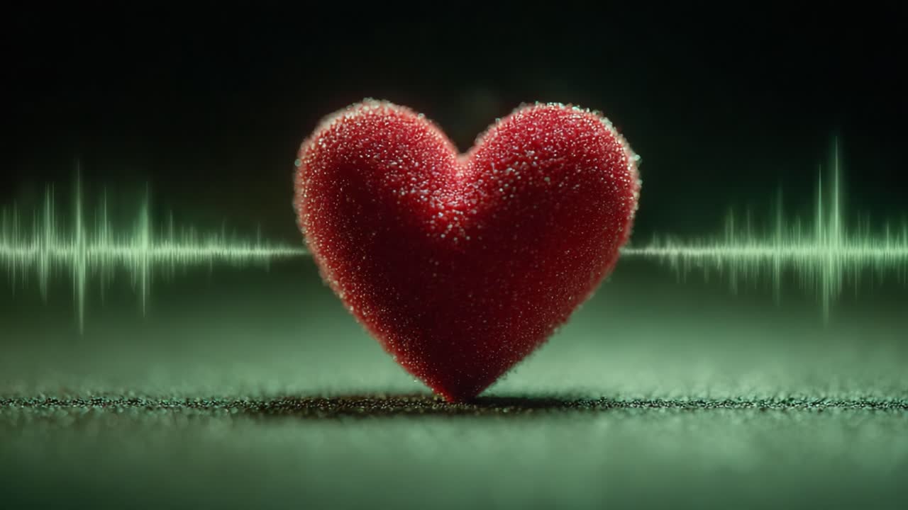 A Vivid Representation of Love: A Heart-Shaped Object Set Against a Pulse-Line Background, Symbolizing Emotional Connections and Vitality