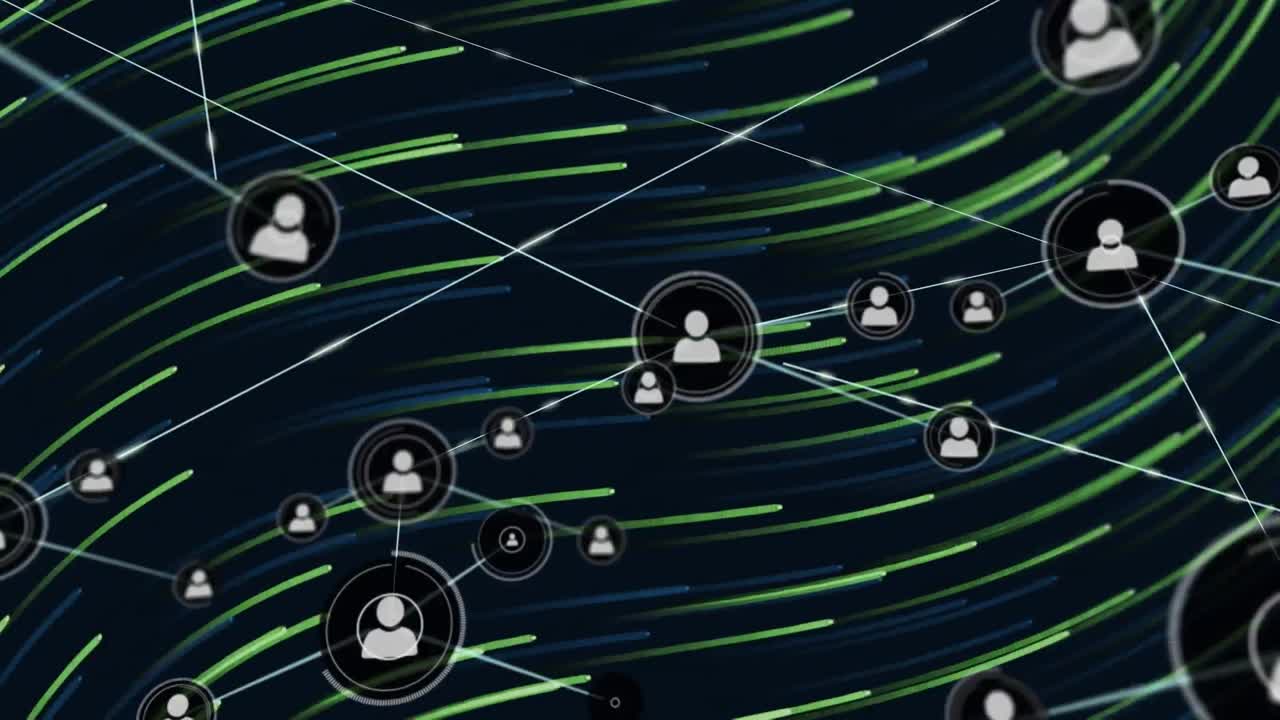 Animation of profile icons connected with lines over lines moving in wave patterns
