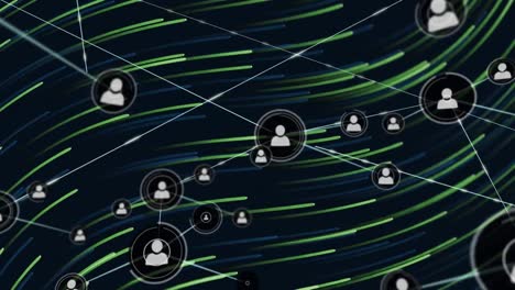 animation of profile icons connected with lines over lines moving in wave patterns