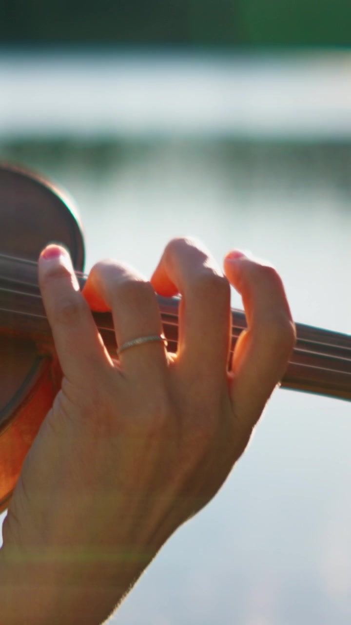 Primo piano di musicista che suona il violino all'aperto al tramonto