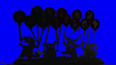 siluetas de animales de papel con globos girando rápidamente sobre un fondo azul