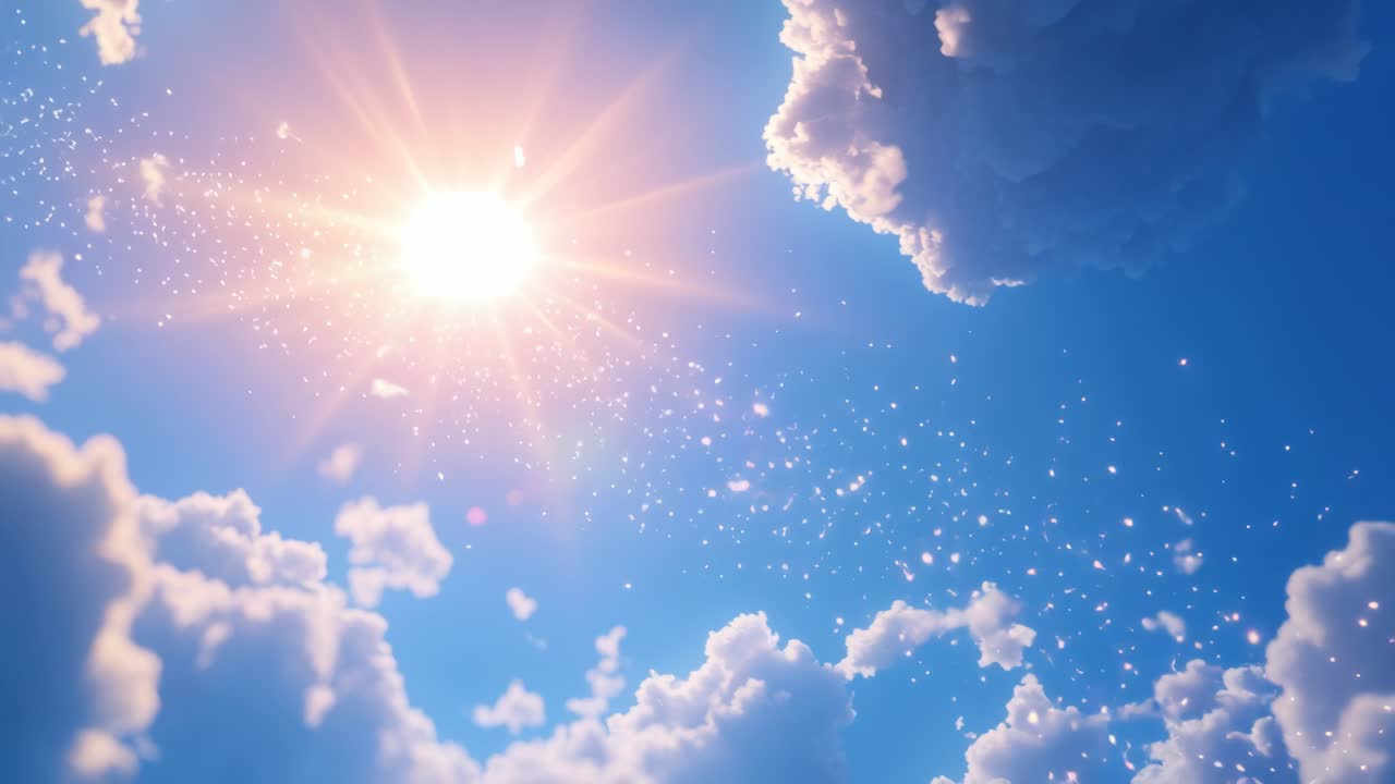A serene, upward camera angle captures a bright sun and fluffy clouds, creating a dreamy, ethereal