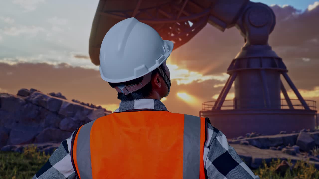 Close Up Back View Of A Male Engineer Wearing Safety Helmet Looking Around While Standing With Arms Akimbo With Large Satellite Dish