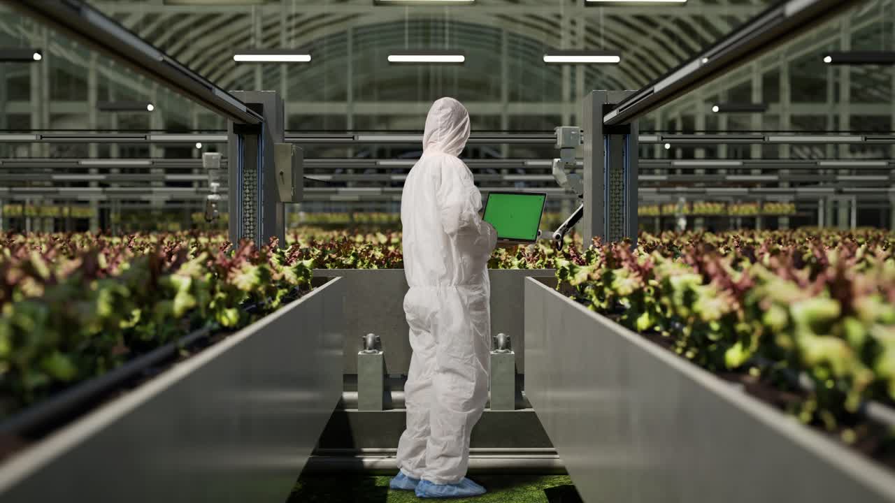 vista trasera completa del cuerpo de un hombre investigador usando una computadora portátil de pantalla verde y mirando a su alrededor mientras está de pie en el invernadero con agricultores robóticos inteligentes