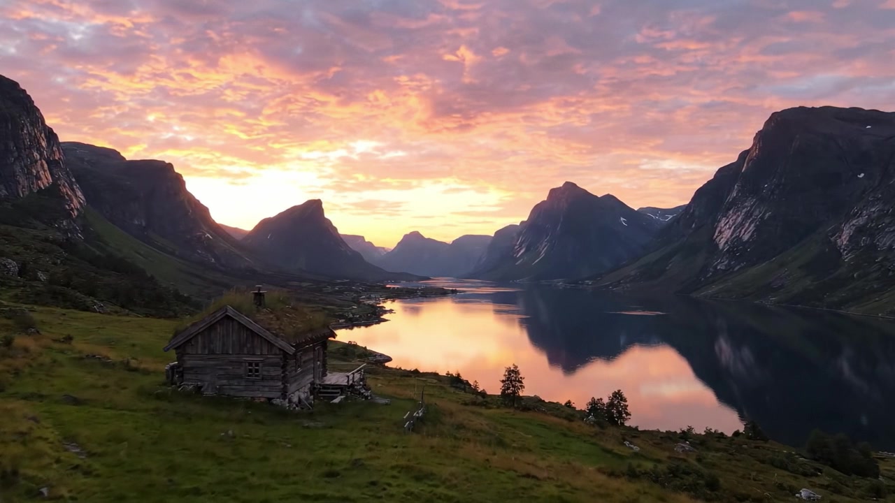 Atemberaubender Sonnenaufgang über einem ruhigen See, umgeben von majestätischen Bergen und einer rustikalen Hütte, der die Essenz der Schönheit und Gelassenheit der Natur einfängt.