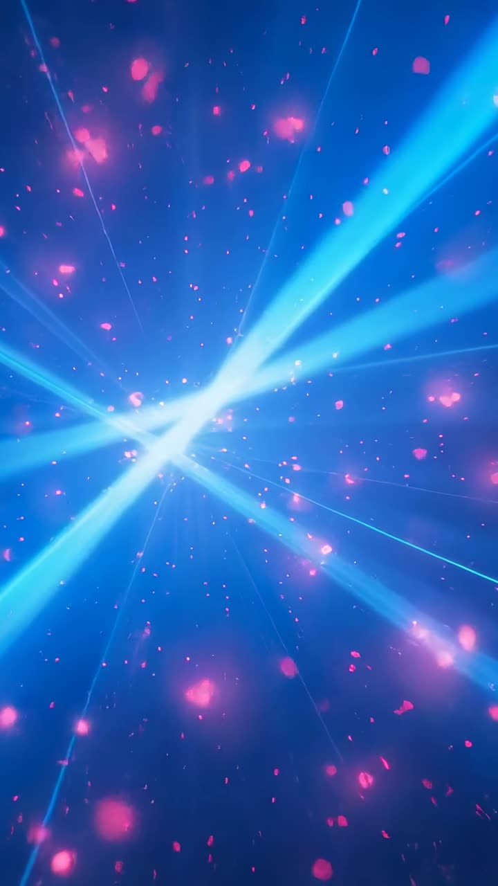 Vertical video: Starting beams intersecting, fine rays widening tunnel in field with pink specks