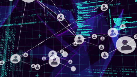 animation of network of connected people icons with information and purple shapes moving on black