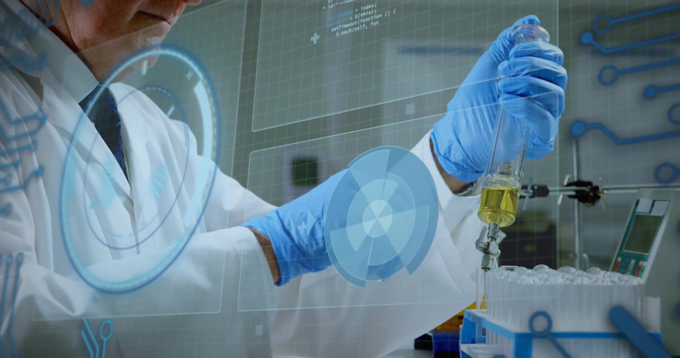 Senior scientist opening valve and dosing yellow liquid into rack UI showing levels for analysis