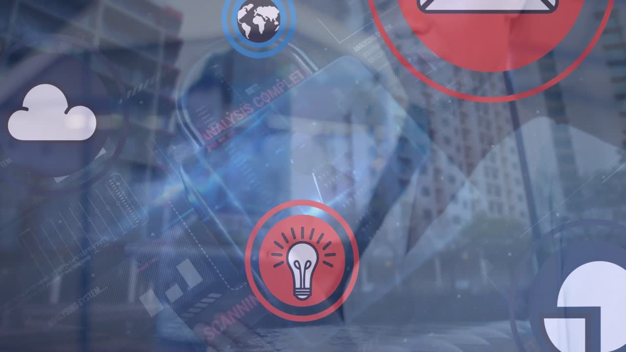 animación de candados con iconos y procesamiento de datos sobre el paisaje urbano.