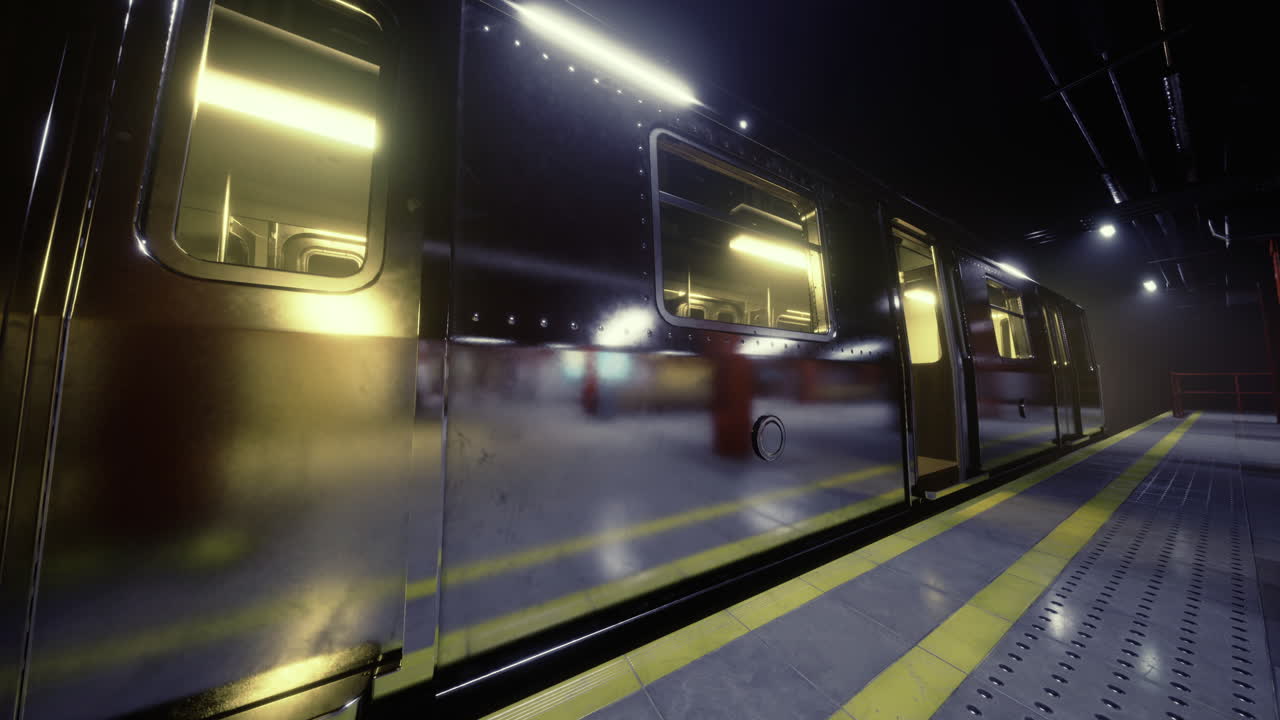 Subway train waiting at the station during night hours with bright lights