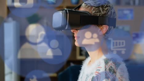vr 헤드 ⁇ 을 착용한 백인 여성 위의 디지털 아이콘의 애니메이션