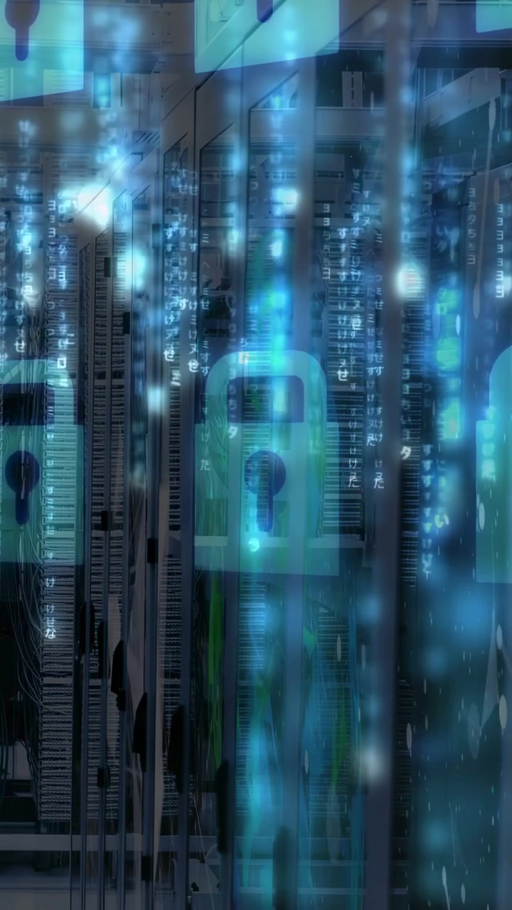 Vertical video: Camera panning racks initiating glyph streams and padlock icons showing IT security
