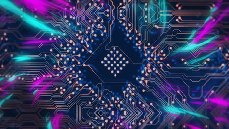 placa de circuitos colorida con líneas y nodos brillantes, animación de tecnología