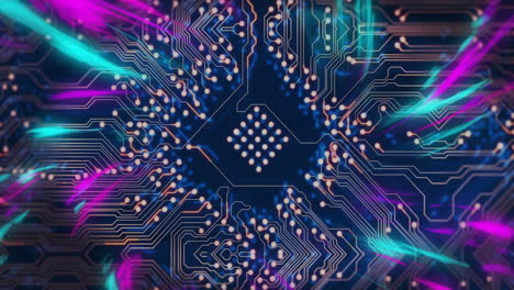 colorful circuit board with glowing lines and nodes, technology animation