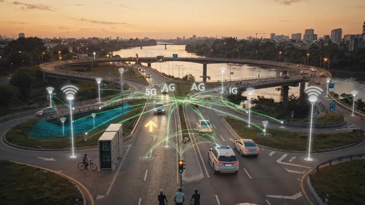 Ciclisti che attraversano il paesaggio urbano al crepuscolo con semafori e lo skyline della città sullo sfondo