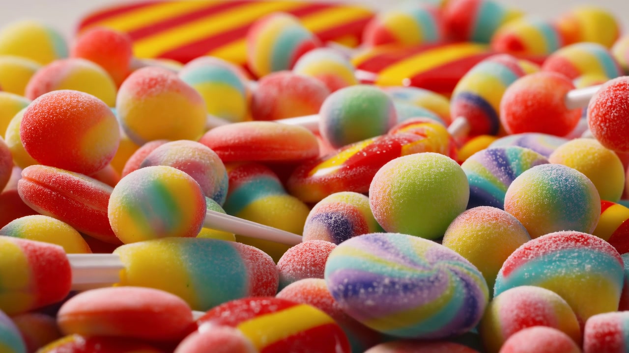 Una densa variedad de caramelos redondos y ovalados de colores llena el encuadre en primer plano, mostrando superficies rayadas y polvorientas con una luz diurna suave y brillante.