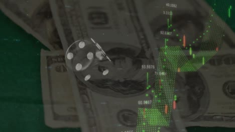 animación del procesamiento de datos financieros sobre dados y billetes de dólares estadounidenses en fondo verde