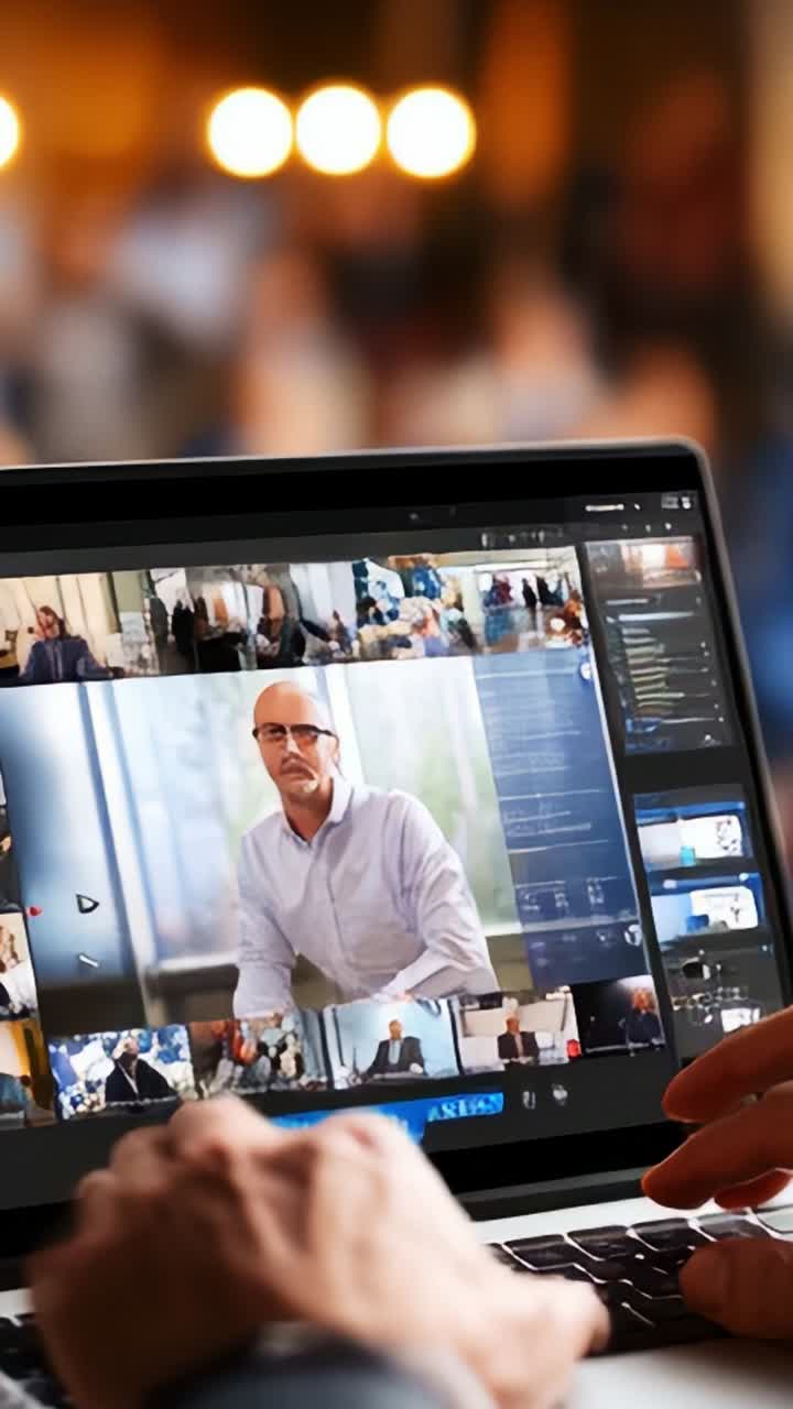 Engaged Participant in Virtual Meeting with Display of Multiple Contributors on Screen, Emphasizing Technology for Remote Communication and Collaboration