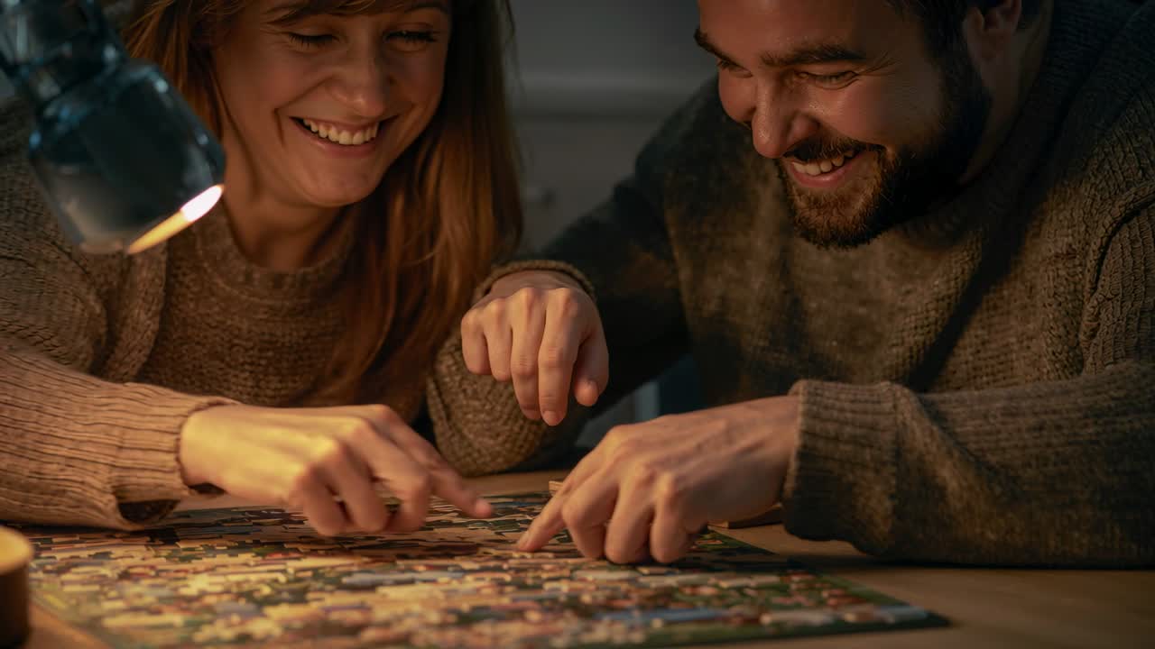 Coppia chinata con maglioni di lana che incastra i pezzi di un puzzle al tavolo, completando il puzzle sotto una lampada.
