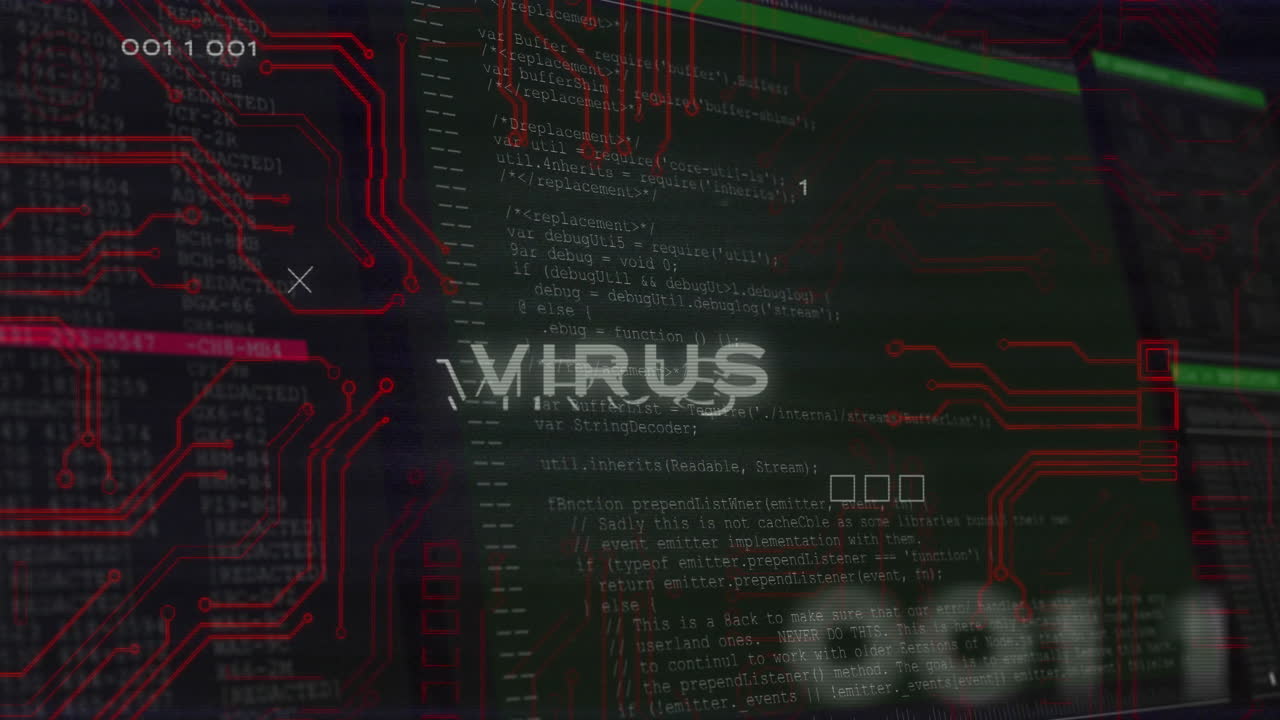 animación de texto de virus sobre código de computadora y gráficos de placa de circuitos