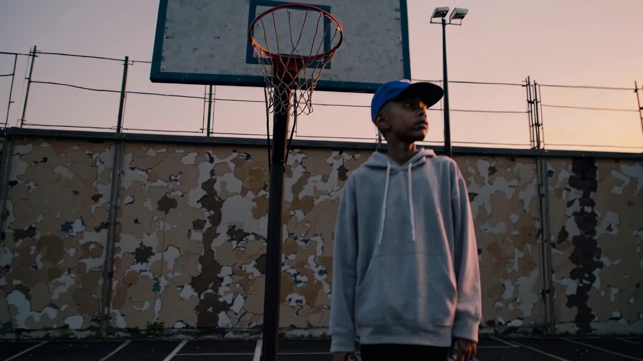 A low-angle shot of a person in a hoodie and cap standing under a basketball hoop at sunset