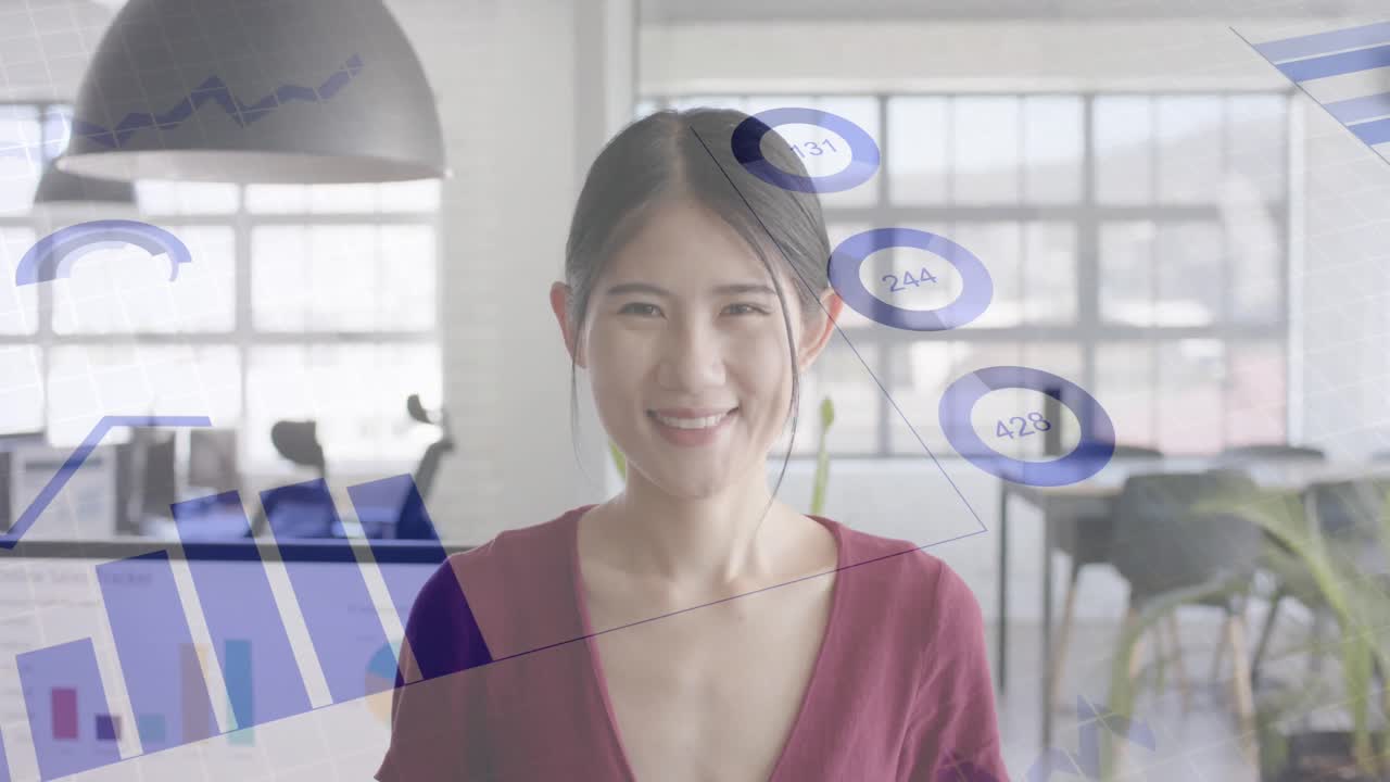 Animation of financial data processing over portrait of asian businesswoman at office