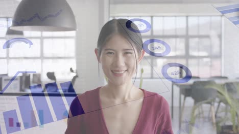 animation of financial data processing over portrait of asian businesswoman at office