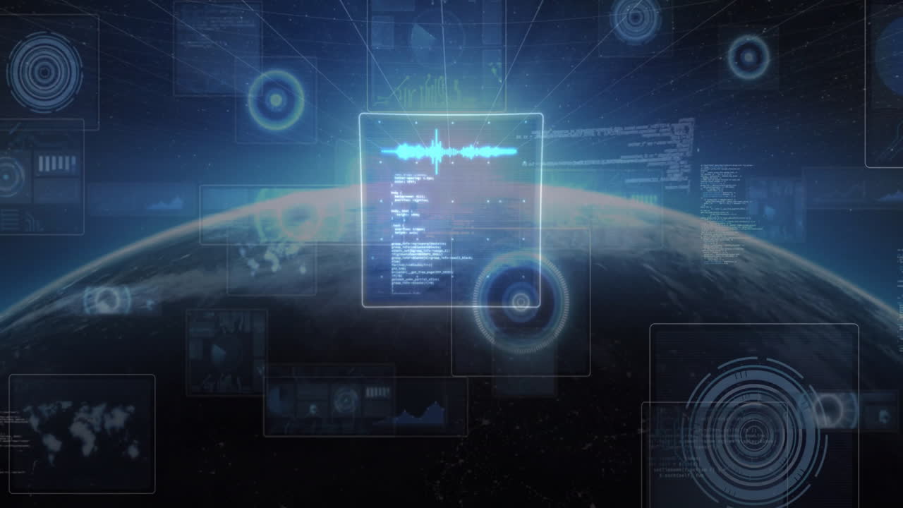 Animation of data processing over globe on black background