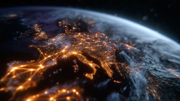 La Terra dallo spazio di notte, con le luci brillanti delle città che illuminano i continenti. Le luci tracciano reti urbane attraverso l'Europa e l'Asia. La scena non mostra persone o animali. Ideale per il business globale e i viaggi