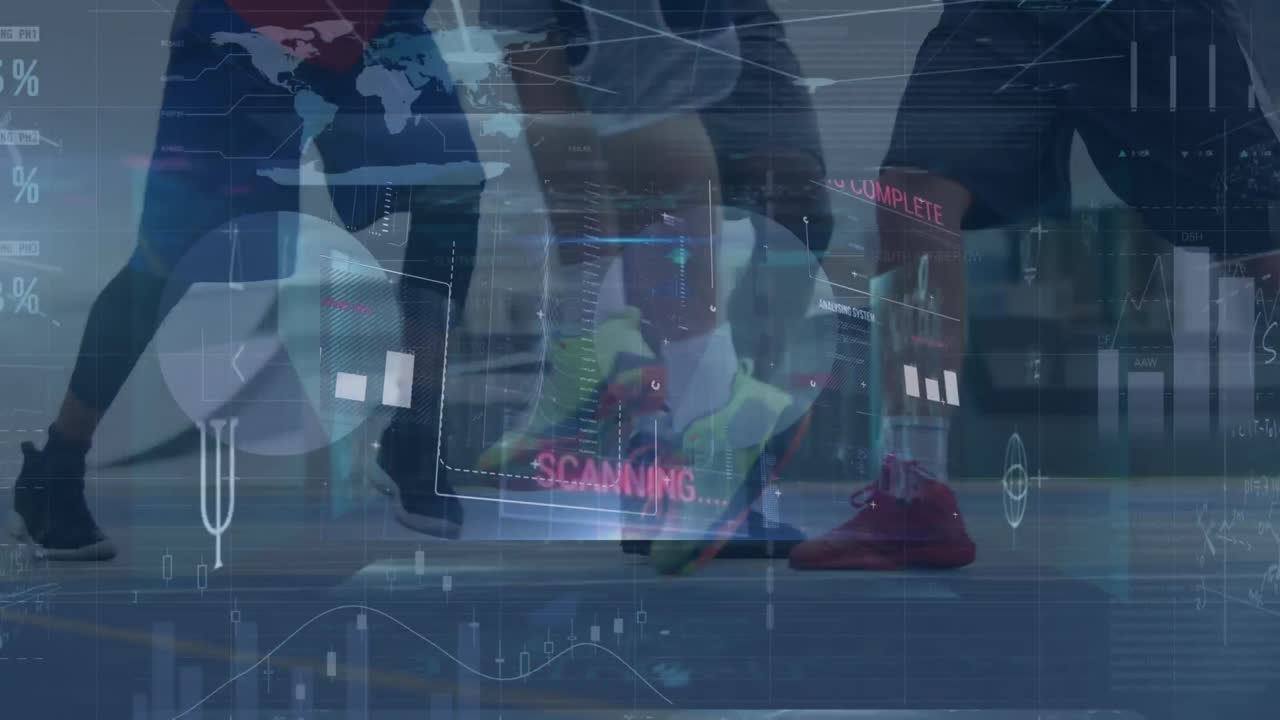 다양한 남성 농구 선수들의 다리를 스캔하고 그래프를 애니메이션화합니다.