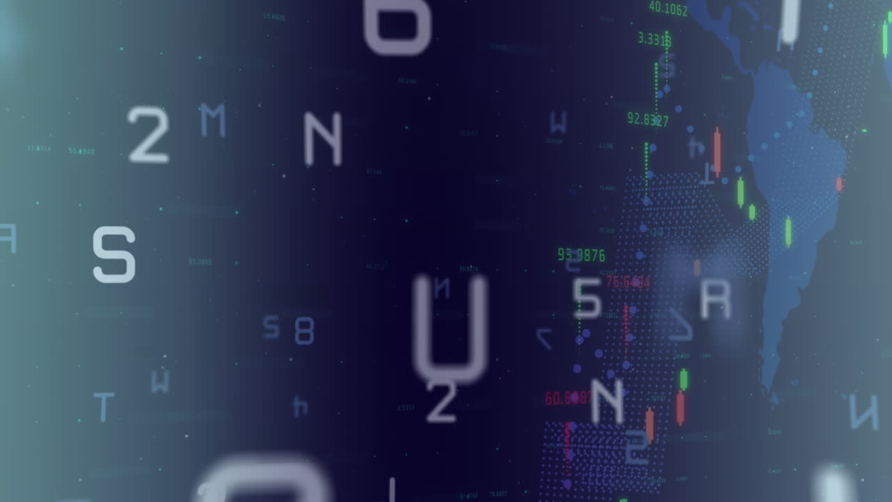 Animation of letters, numbers and multiple graphs with changing numbers over map