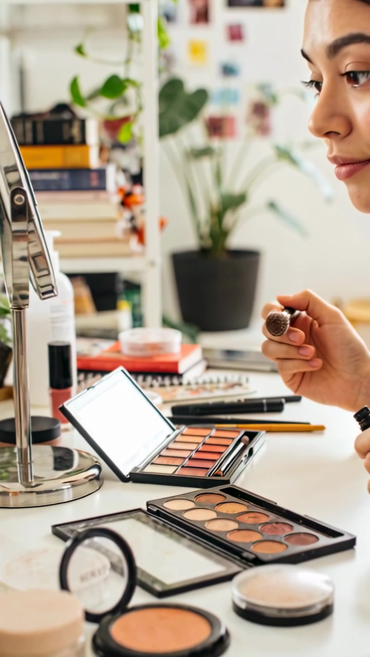 Vertical video: Mirror urging her in yellow top dipping brush and prepping at desk, copy space