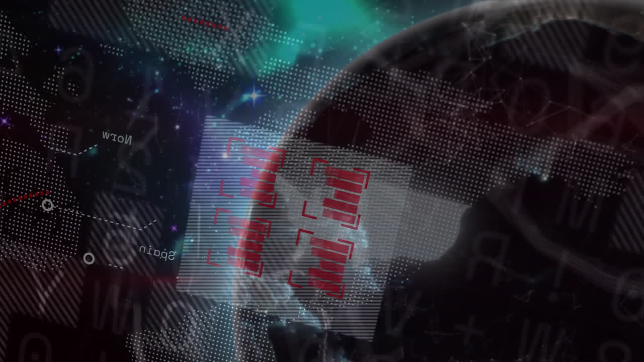 Earth globe floating within holographic UI, showing red bar chart with glowing network lines