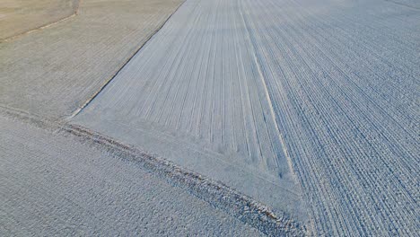 Vista-Aérea-De-Un-Campo-Agrícola-Helado-Al-Amanecer