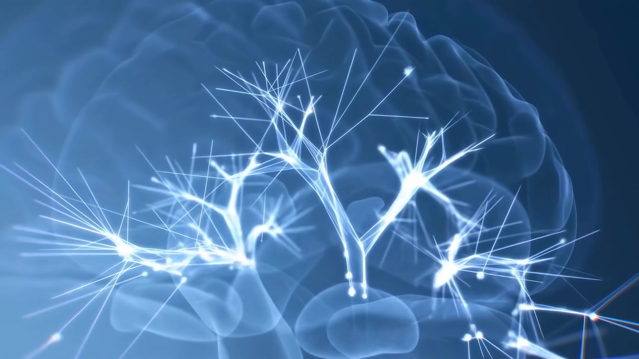 Close view of translucent brain model with glowing white blue neural nodes, branching filaments, radiant hotspots, and soft luminous depth, suggesting active connectivity, energy flow, and