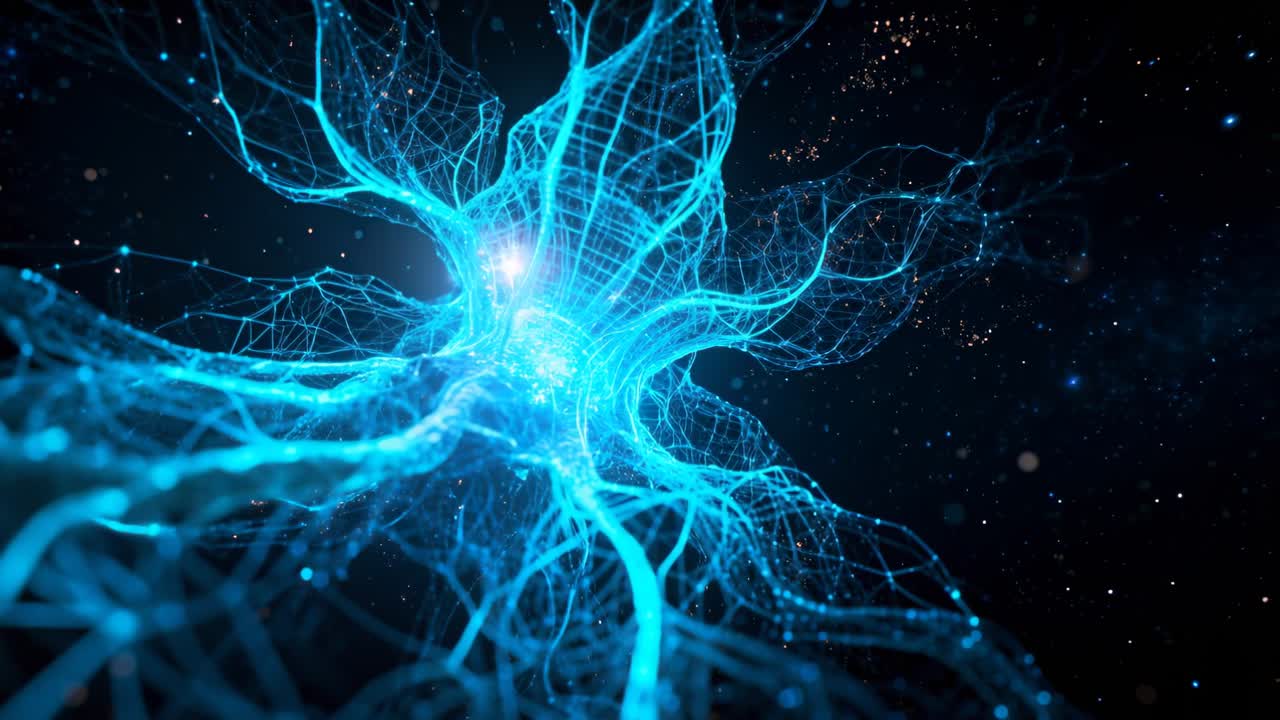 Emitting flare, blue neuron net with glowing node pulsing filaments in space, energizing particles