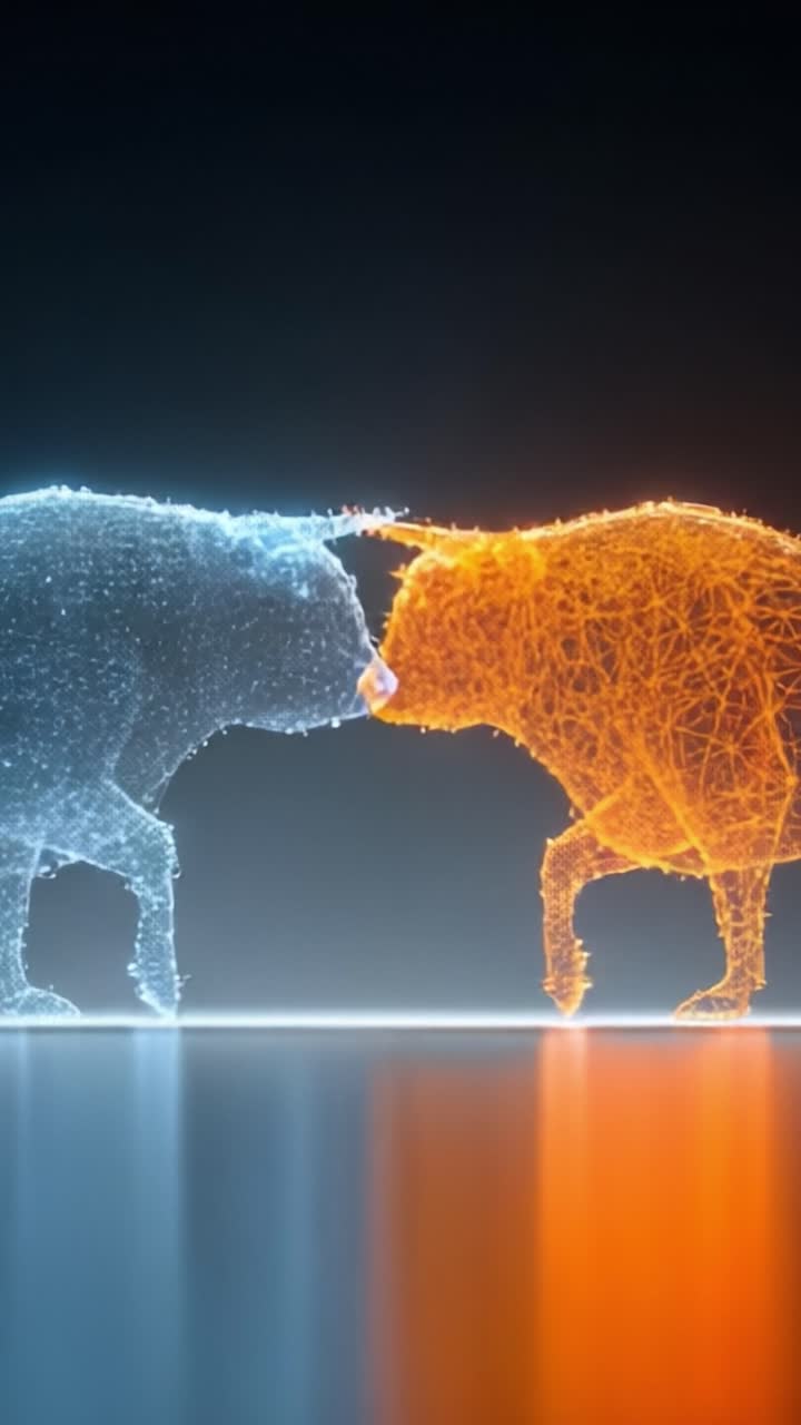 Un choque dinámico de energía: dos toros etéreos se enfrentan en un duelo virtual, representando fuerza, poder y resistencia en un brillante paisaje digital.
